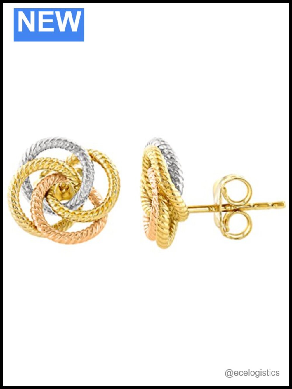14K Tri-Color Gold Love Knot Stud Earrings 10mm Rope Eternity